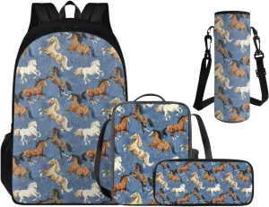 Cool Horse Backpack and Lunch Box Set of 4, 3rd Grade Backpack for Boys Back to School Lunch Box Water Bottle Holder Pencil Case Bookbag Accessories Sets for Daily Study