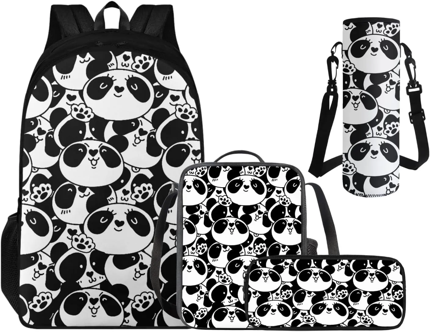 Cool Panda Backpack Set for Boys Back to School, 3rd Grade Backpack for Boys Lunchbox Cartoon Pencil Case and Water Bottle Holder Bookbag Accessories Sets for School Study