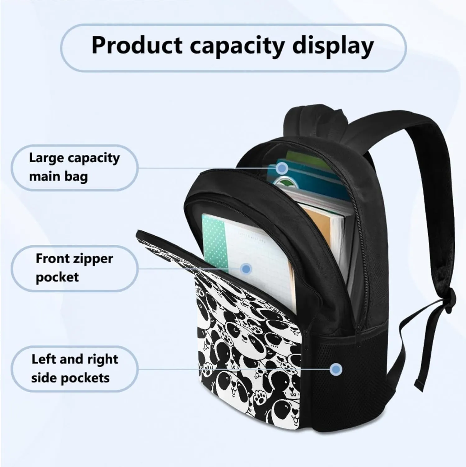 Cool Panda Backpack Set for Boys Back to School, 3rd Grade Backpack for Boys Lunchbox Cartoon Pencil Case and Water Bottle Holder Bookbag Accessories Sets for School Study