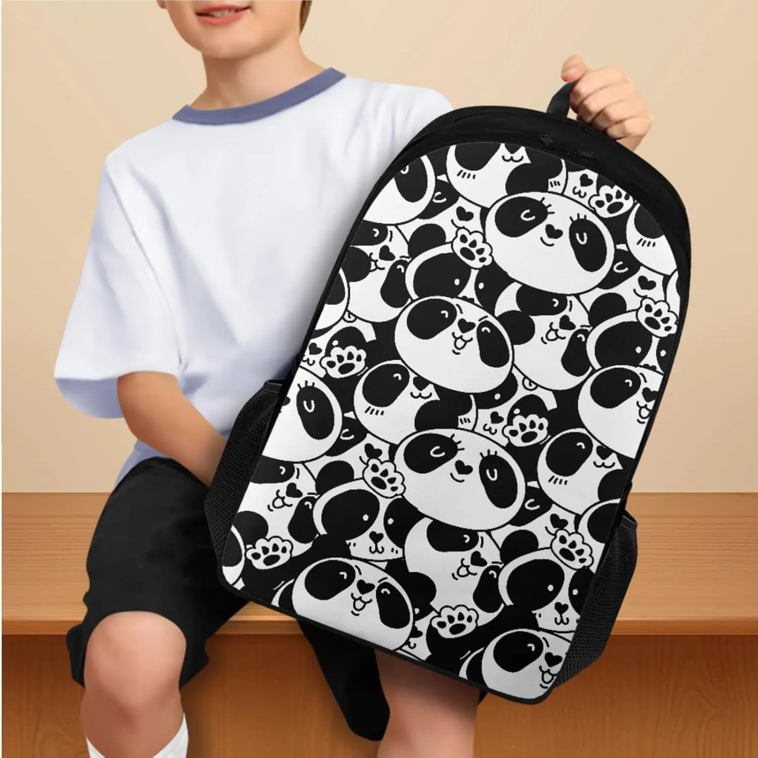 Cool Panda Backpack Set for Boys Back to School, 3rd Grade Backpack for Boys Lunchbox Cartoon Pencil Case and Water Bottle Holder Bookbag Accessories Sets for School Study