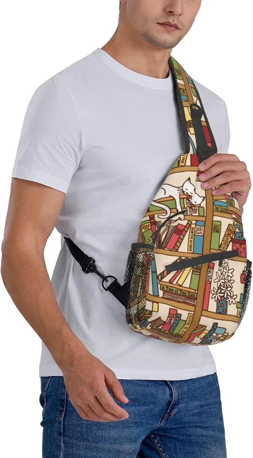 Cool Sling Backpack Compatible with Sleeping Cat Library Bookshelf, Lightweight Sling Shoulder Bag, Outdoor Chest Crossbody Bike Gym Runner Daypack with Adjustable Strap for Men Women