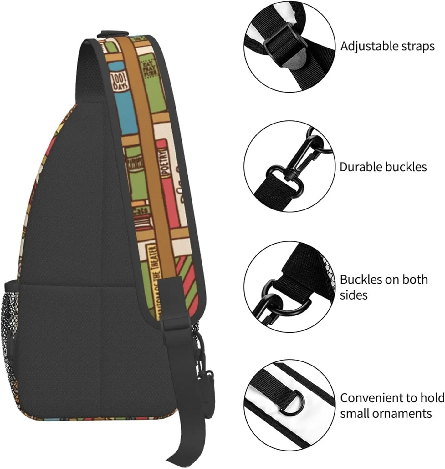 Cool Sling Backpack Compatible with Sleeping Cat Library Bookshelf, Lightweight Sling Shoulder Bag, Outdoor Chest Crossbody Bike Gym Runner Daypack with Adjustable Strap for Men Women