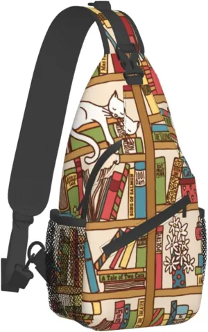 Cool Sling Backpack Compatible with Sleeping Cat Library Bookshelf, Lightweight Sling Shoulder Bag, Outdoor Chest Crossbody Bike Gym Runner Daypack with Adjustable Strap for Men Women