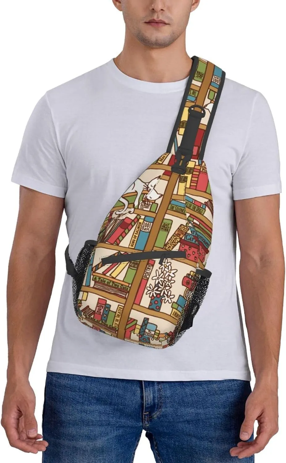 Cool Sling Backpack Compatible with Sleeping Cat Library Bookshelf, Lightweight Sling Shoulder Bag, Outdoor Chest Crossbody Bike Gym Runner Daypack with Adjustable Strap for Men Women
