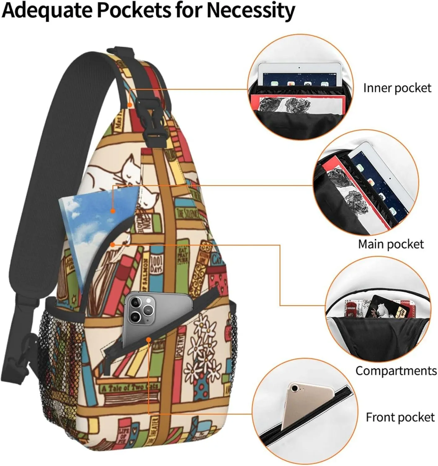 Cool Sling Backpack Compatible with Sleeping Cat Library Bookshelf, Lightweight Sling Shoulder Bag, Outdoor Chest Crossbody Bike Gym Runner Daypack with Adjustable Strap for Men Women