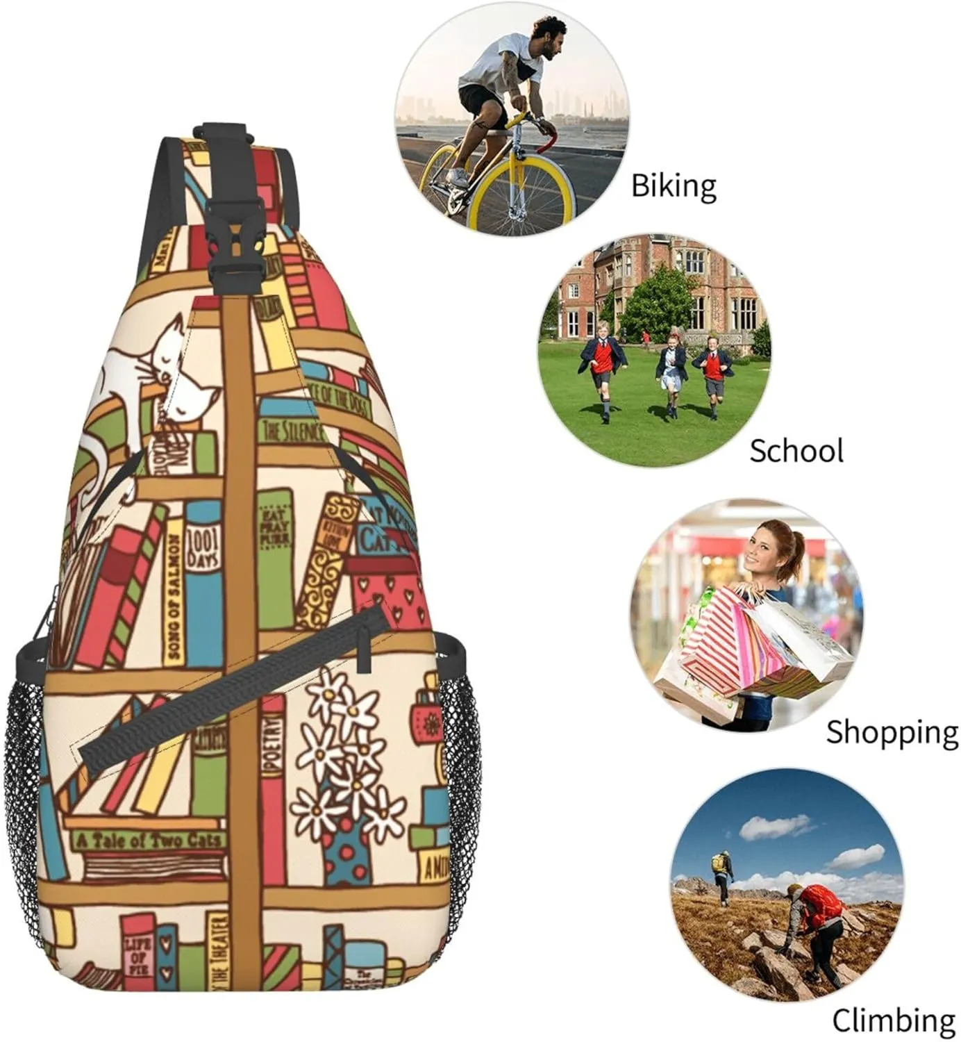 Cool Sling Backpack Compatible with Sleeping Cat Library Bookshelf, Lightweight Sling Shoulder Bag, Outdoor Chest Crossbody Bike Gym Runner Daypack with Adjustable Strap for Men Women