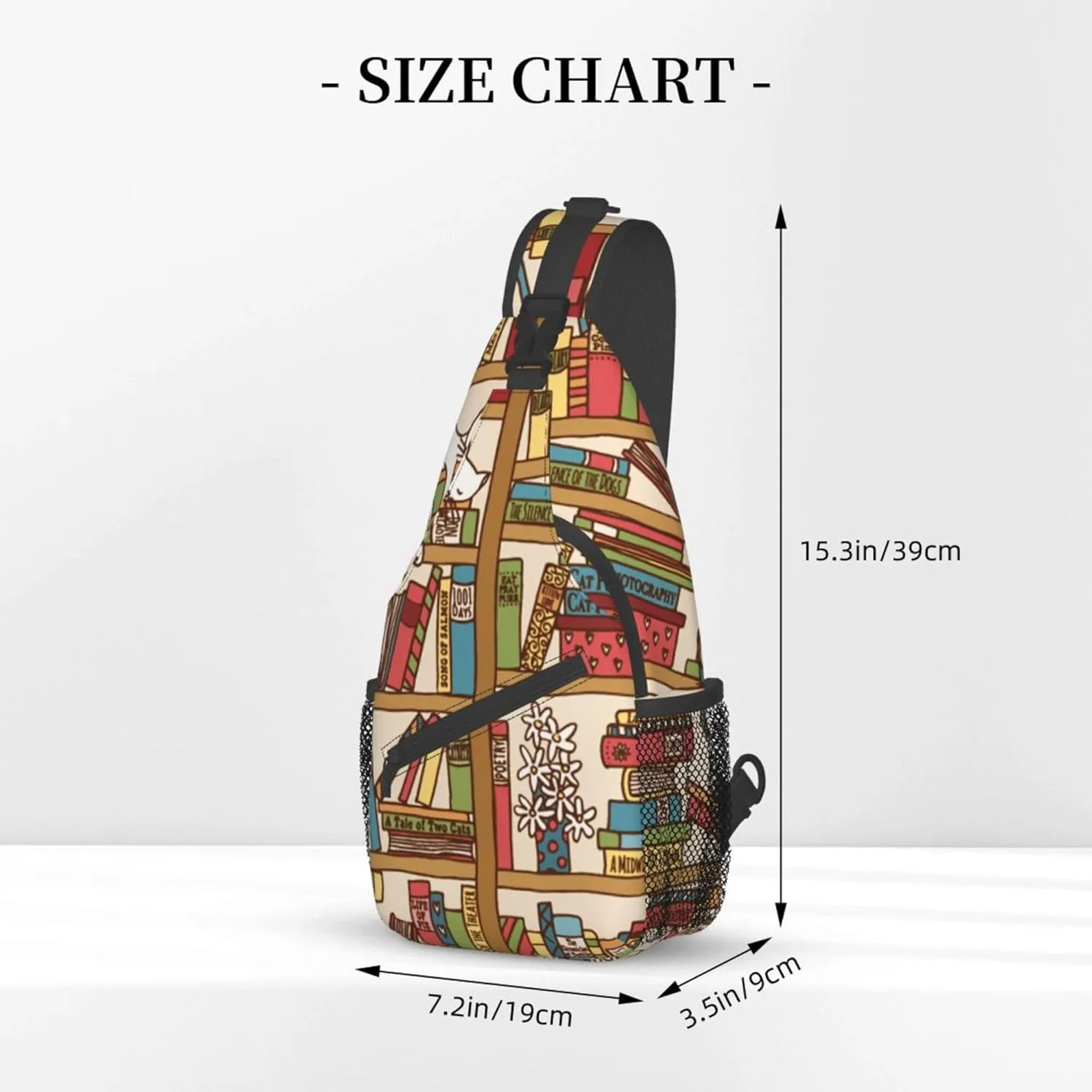 Cool Sling Backpack Compatible with Sleeping Cat Library Bookshelf, Lightweight Sling Shoulder Bag, Outdoor Chest Crossbody Bike Gym Runner Daypack with Adjustable Strap for Men Women