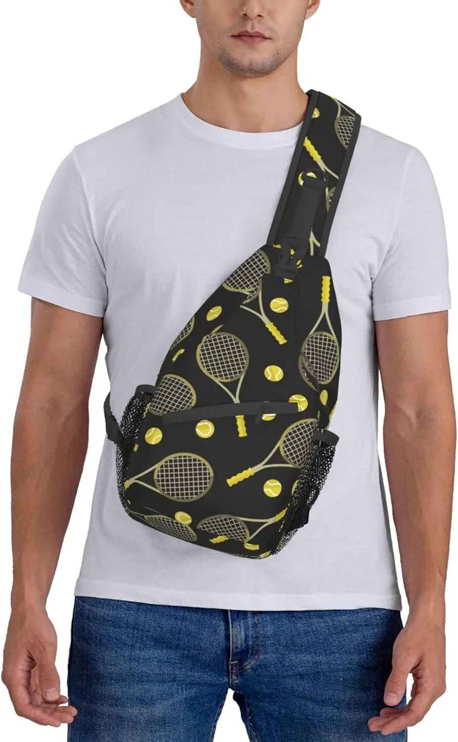 Cool Sling Backpack for Men Women, Crossbody Shoulder Bag Compatible with Funny Colourful Tennis Racquets And Tennis Balls Bag, Travel Hiking Zippered Daypack, Adjustable and Breathable