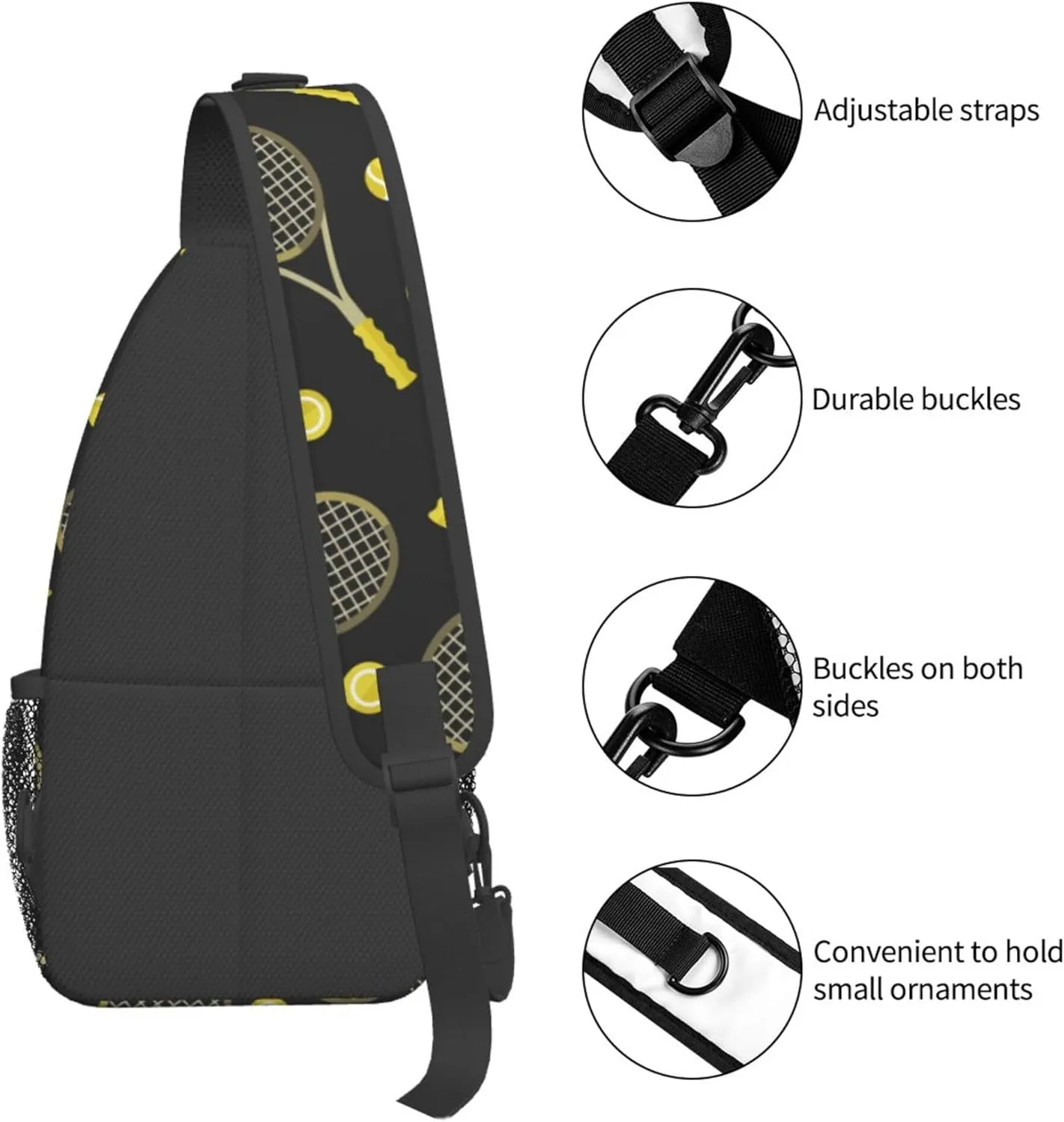 Cool Sling Backpack for Men Women, Crossbody Shoulder Bag Compatible with Funny Colourful Tennis Racquets And Tennis Balls Bag, Travel Hiking Zippered Daypack, Adjustable and Breathable
