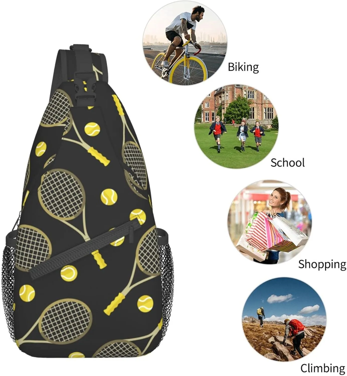Cool Sling Backpack for Men Women, Crossbody Shoulder Bag Compatible with Funny Colourful Tennis Racquets And Tennis Balls Bag, Travel Hiking Zippered Daypack, Adjustable and Breathable