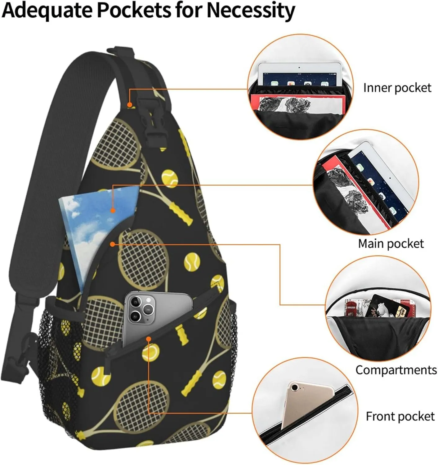 Cool Sling Backpack for Men Women, Crossbody Shoulder Bag Compatible with Funny Colourful Tennis Racquets And Tennis Balls Bag, Travel Hiking Zippered Daypack, Adjustable and Breathable