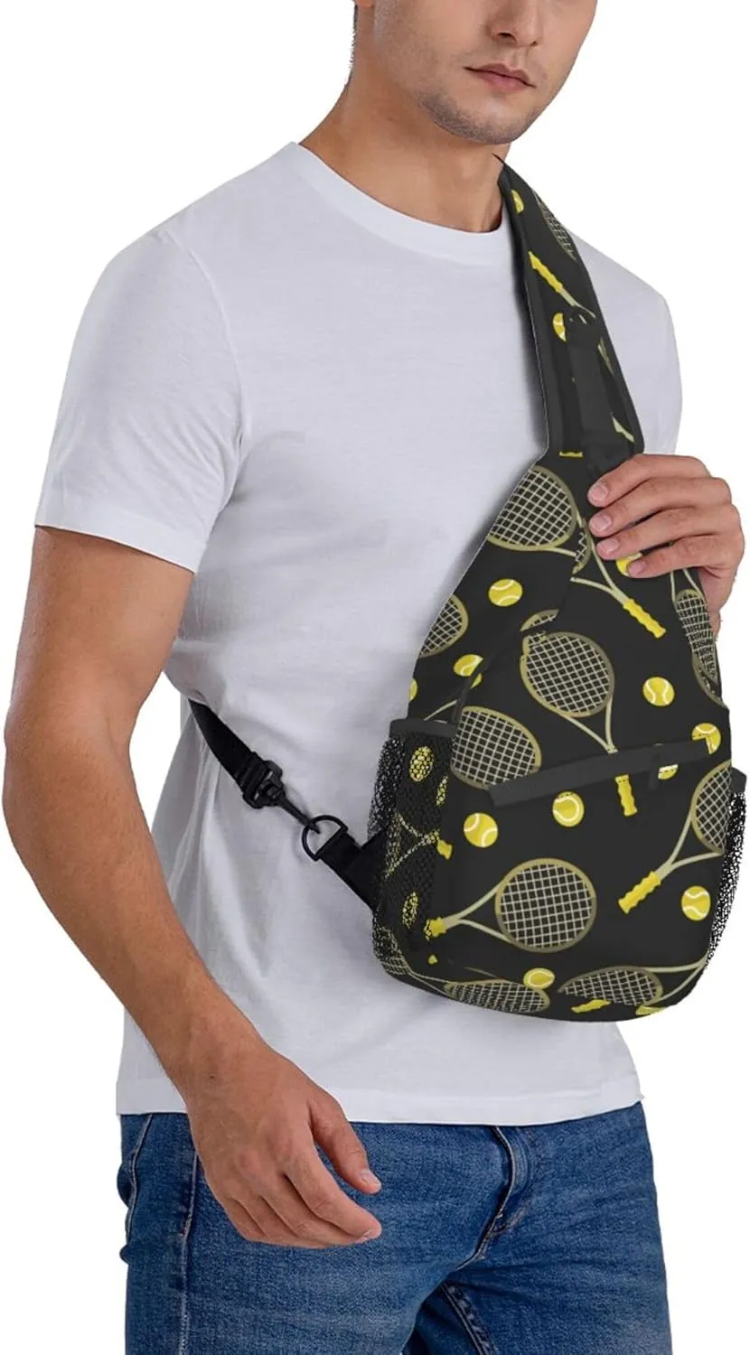 Cool Sling Backpack for Men Women, Crossbody Shoulder Bag Compatible with Funny Colourful Tennis Racquets And Tennis Balls Bag, Travel Hiking Zippered Daypack, Adjustable and Breathable