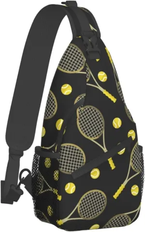 Cool Sling Backpack for Men Women, Crossbody Shoulder Bag Compatible with Funny Colourful Tennis Racquets And Tennis Balls Bag, Travel Hiking Zippered Daypack, Adjustable and Breathable