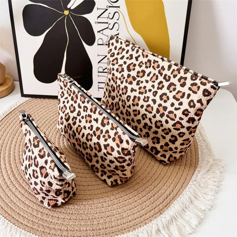 Cosmetic Bag for Women Ladies Girls Makeup Bag Zipper Pouch Leopard Makeup Organizer Travel Toiletry Bags Makeup Bag (3 Pics)
