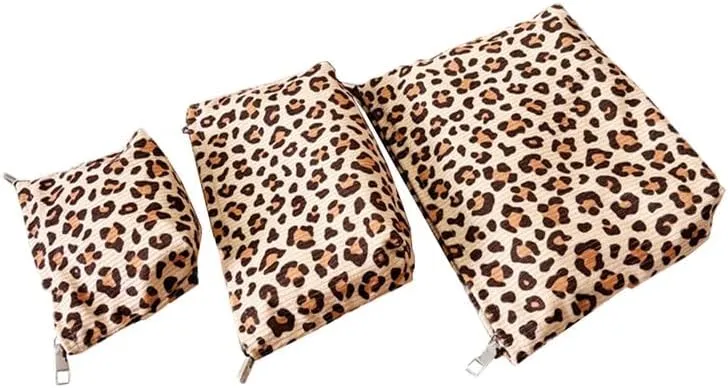 Cosmetic Bag for Women Ladies Girls Makeup Bag Zipper Pouch Leopard Makeup Organizer Travel Toiletry Bags Makeup Bag (3 Pics)