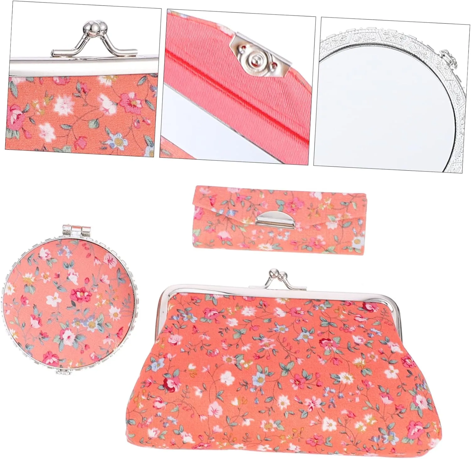Cosmetic Case, 3-Piece Set: Cotton Makeup Bag, Lipstick Case, Makeup Mirror - Orange, Floral Design, Women's Travel Toiletry Bag