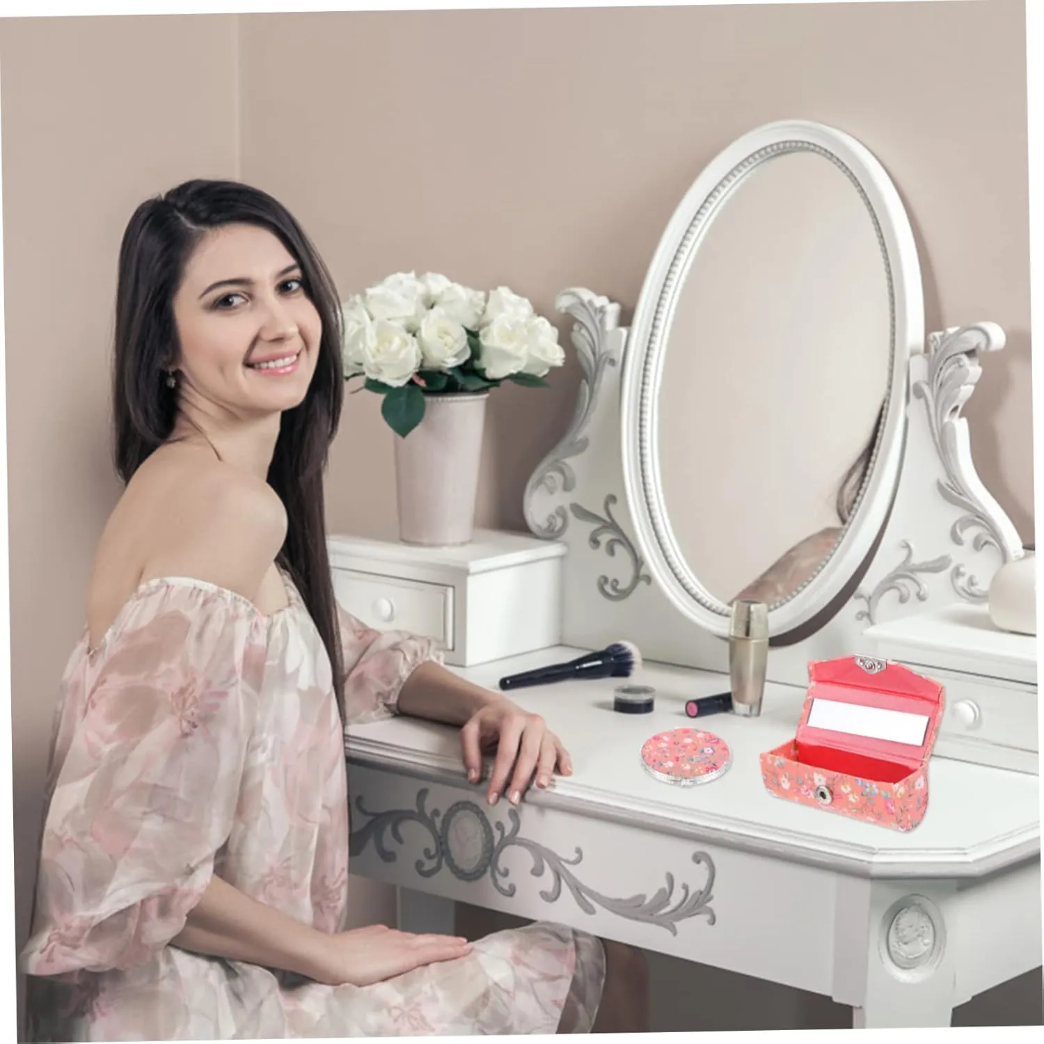 Cosmetic Case, 3-Piece Set: Cotton Makeup Bag, Lipstick Case, Makeup Mirror - Orange, Floral Design, Women's Travel Toiletry Bag