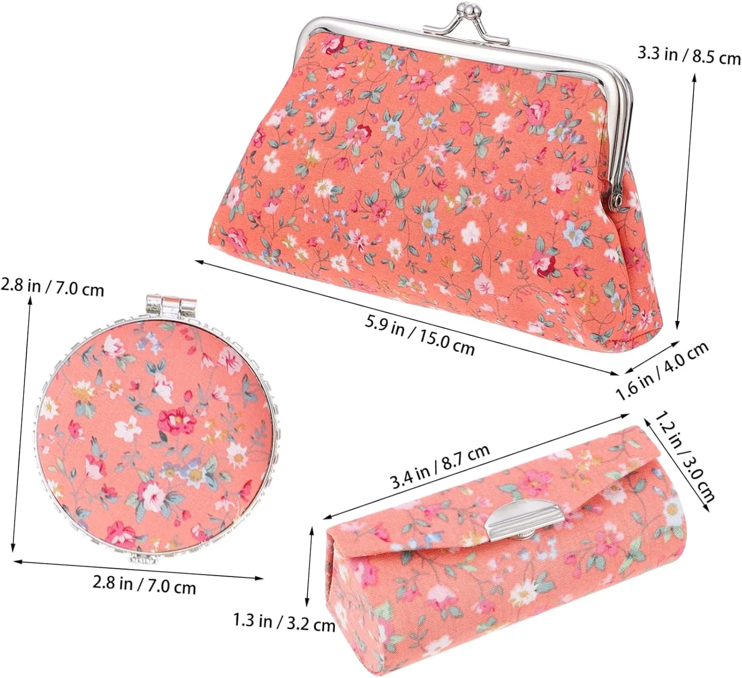 Cosmetic Case, 3-Piece Set: Cotton Makeup Bag, Lipstick Case, Makeup Mirror - Orange, Floral Design, Women's Travel Toiletry Bag
