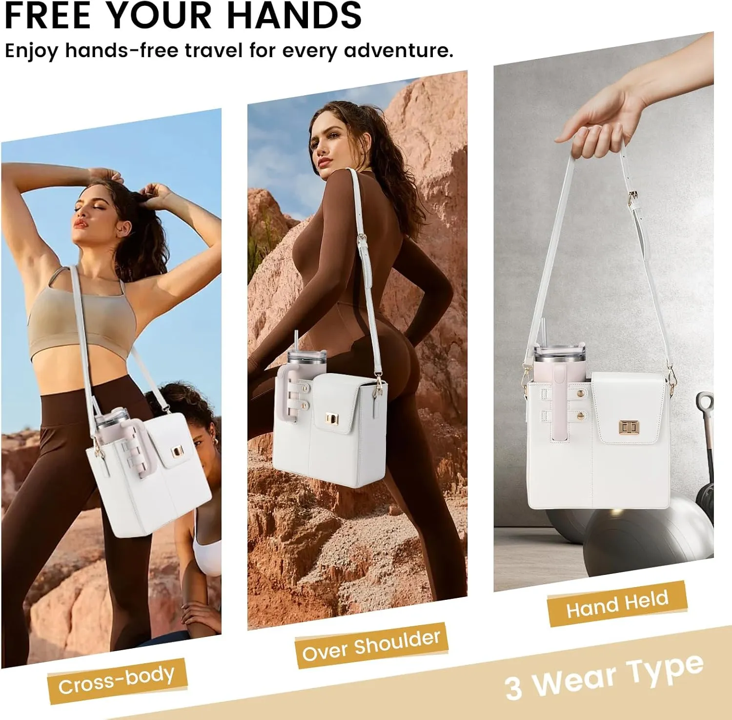 Costravio Outdoor Crossbody Bag Water Cup Storage Sports Bottle Holder Portable Crossbody PU Leather Case Tumbler Purse with Water Bottle Pocket Fits Most Bottles Cup Carrier Bag for Women