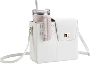 Costravio Outdoor Crossbody Bag Water Cup Storage Sports Bottle Holder Portable Crossbody PU Leather Case Tumbler Purse with Water Bottle Pocket Fits Most Bottles Cup Carrier Bag for Women