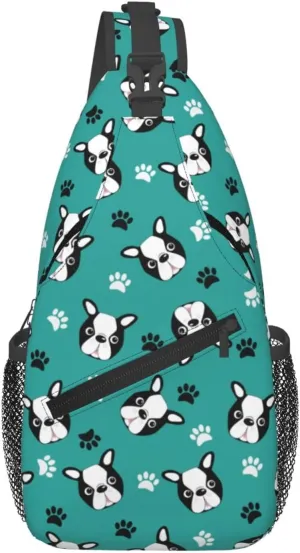 Cross Body Sling Bag For Women Men Boston Terrier Puppy Dog Green Crossbody Bag Anti Theft Chest Bag Shoulder Backpack Travel Hiking Daypack Large Sling Cross Body Bag