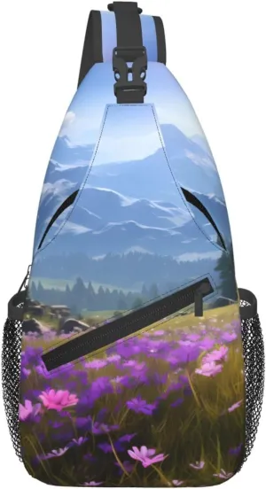 Cross Chest Bag Diagonally for Men and Women - Lightweight and Durable with High Storage Capacity Nature Purple Flowers Meadow Mountain Scenic Pattern, Black, One Size