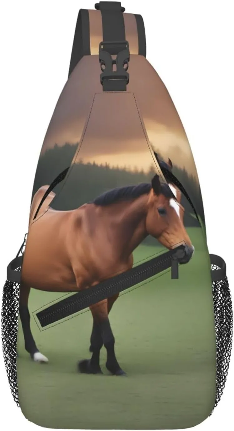 Cross Chest Bag Diagonally for Men and Women - Lightweight and Durable with High Storage Capacity Nature Scenic Horse Printing, Black, One Size
