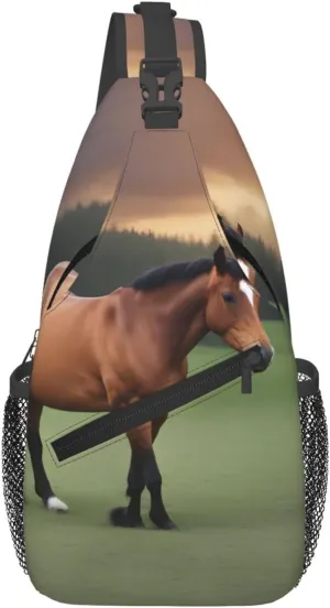 Cross Chest Bag Diagonally for Men and Women - Lightweight and Durable with High Storage Capacity Nature Scenic Horse Printing, Black, One Size