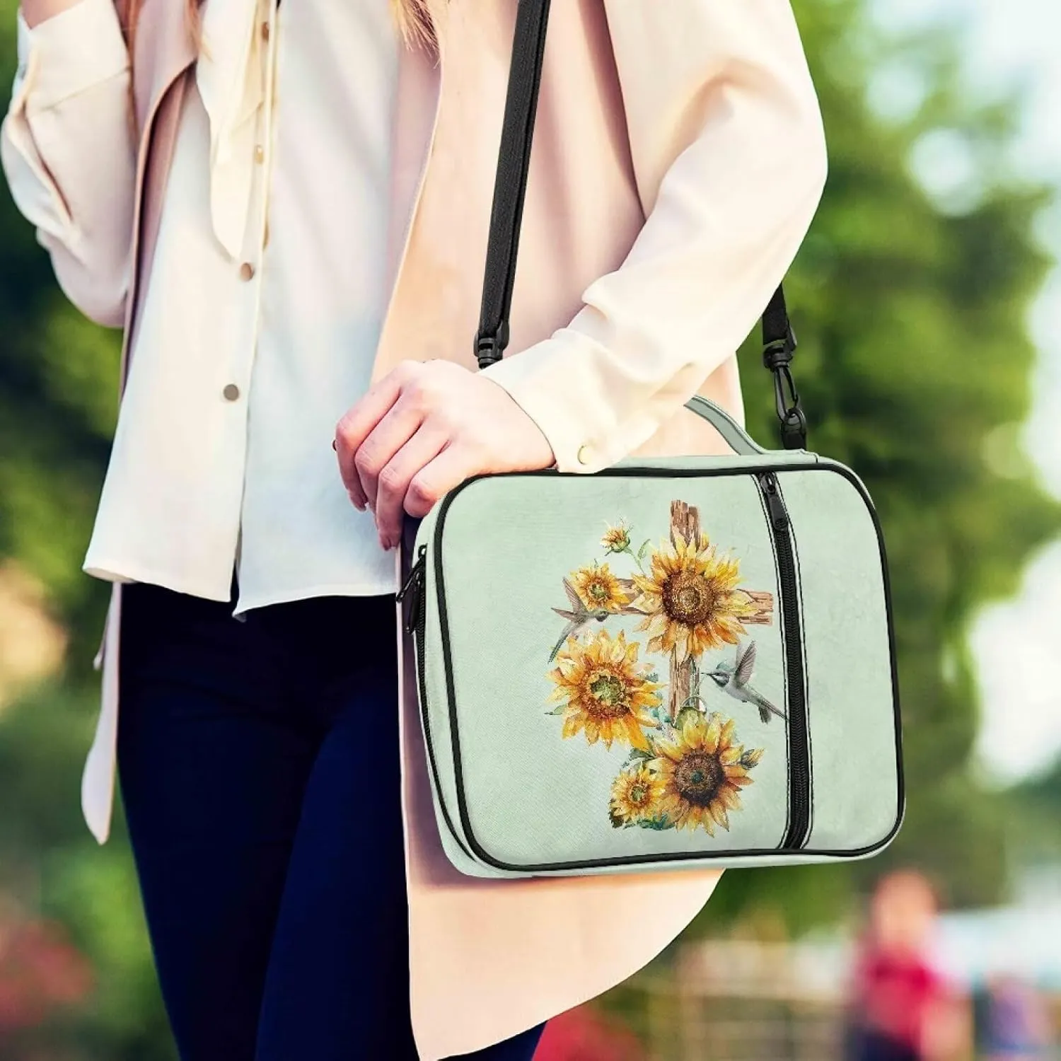 Cross Floral Print Bible Cover - Polyester Bible Case for Women - Bible Carrier Small Bible Cover with Shoulder Strap