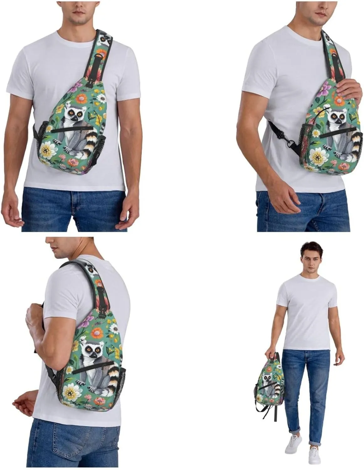 Crossbody Bag for Women Men Animals Lemur Flowers Pattern Chest Bag Crossbody Sling Bag Adjustable Shoulder Bag