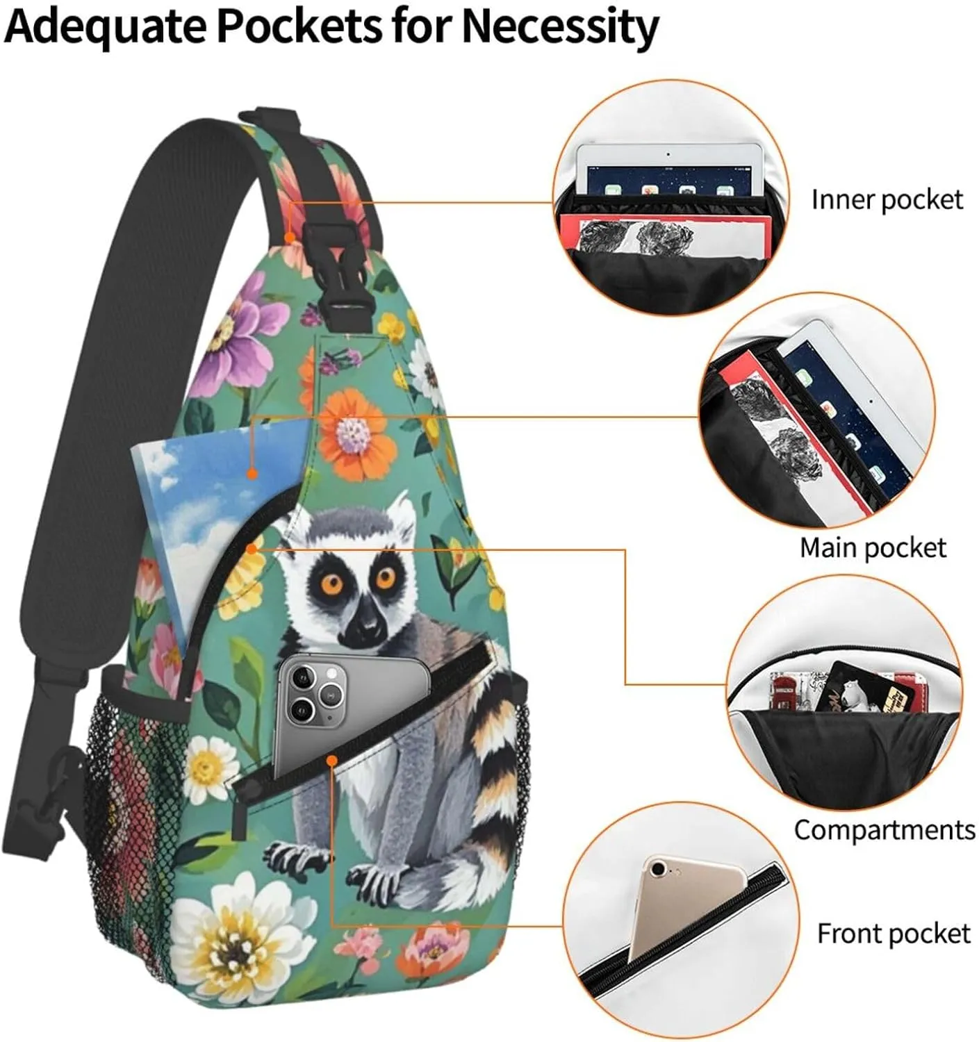 Crossbody Bag for Women Men Animals Lemur Flowers Pattern Chest Bag Crossbody Sling Bag Adjustable Shoulder Bag