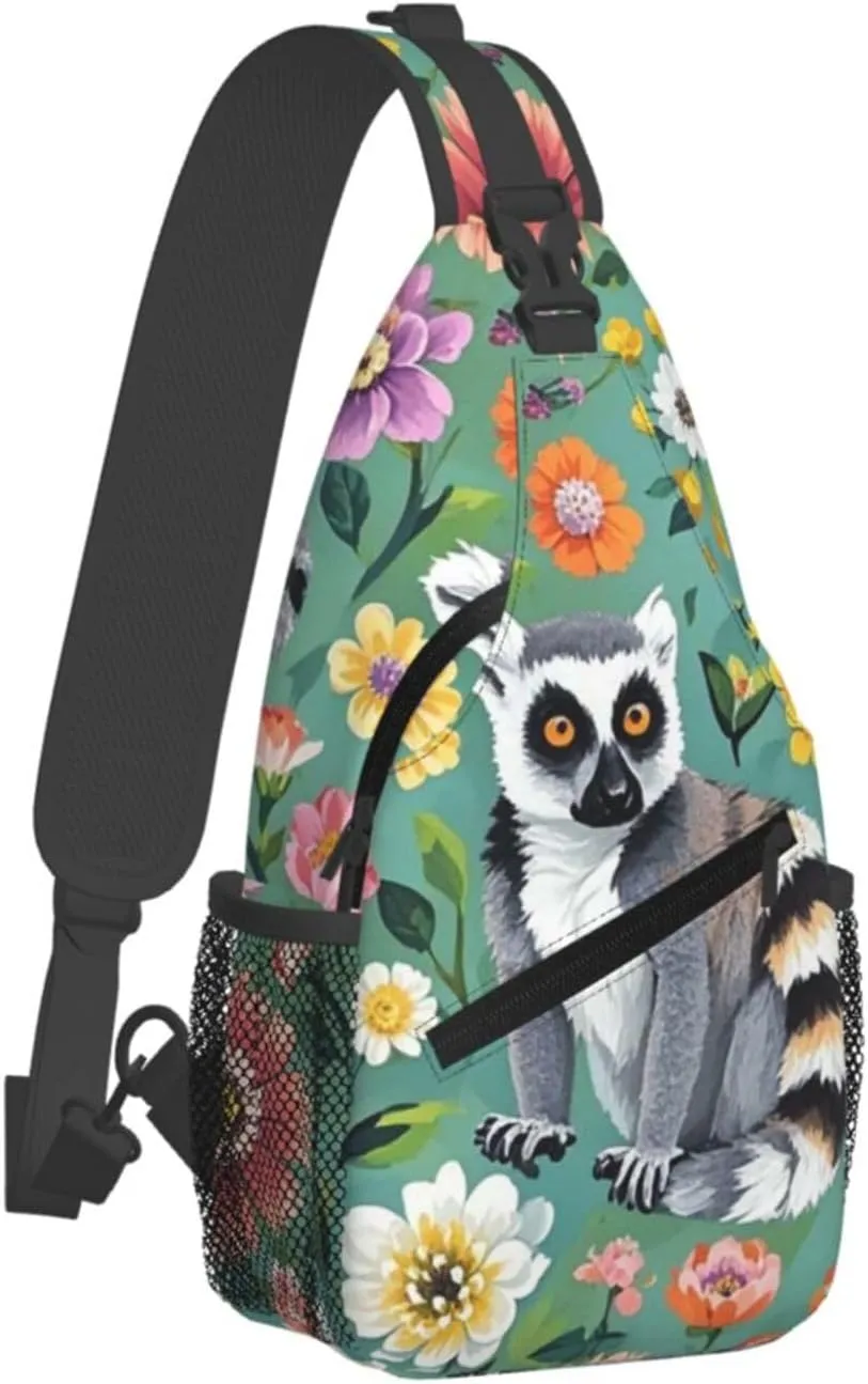 Crossbody Bag for Women Men Animals Lemur Flowers Pattern Chest Bag Crossbody Sling Bag Adjustable Shoulder Bag