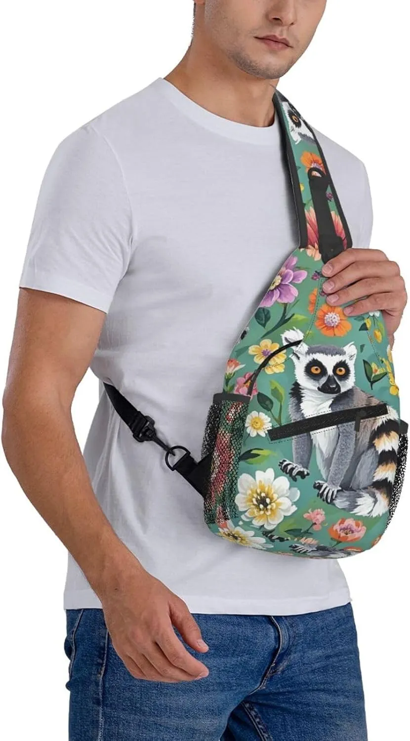 Crossbody Bag for Women Men Animals Lemur Flowers Pattern Chest Bag Crossbody Sling Bag Adjustable Shoulder Bag