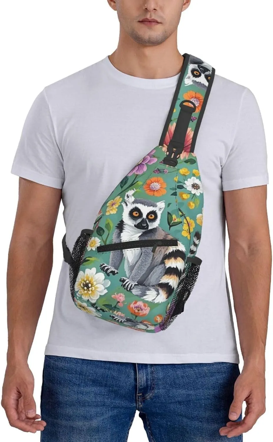 Crossbody Bag for Women Men Animals Lemur Flowers Pattern Chest Bag Crossbody Sling Bag Adjustable Shoulder Bag