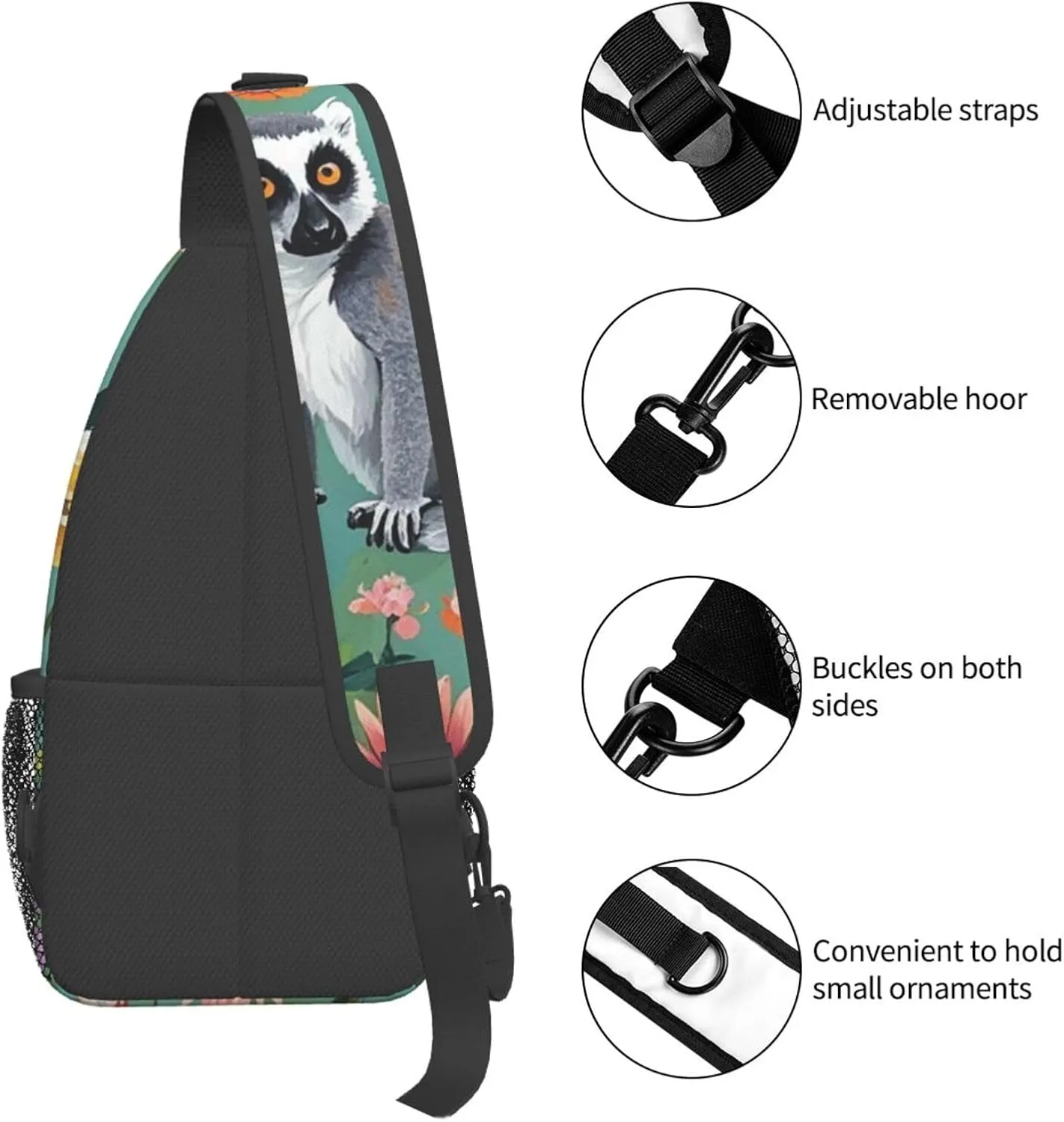 Crossbody Bag for Women Men Animals Lemur Flowers Pattern Chest Bag Crossbody Sling Bag Adjustable Shoulder Bag