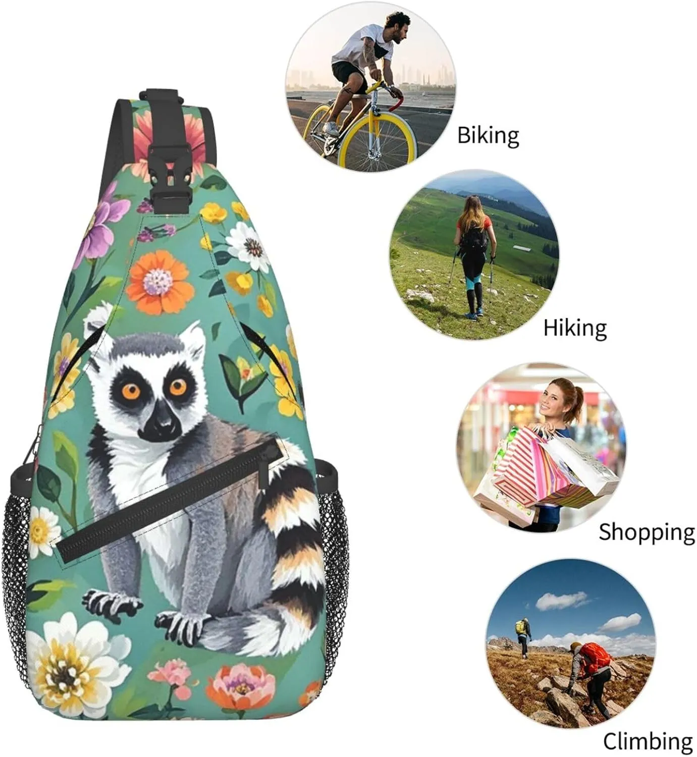 Crossbody Bag for Women Men Animals Lemur Flowers Pattern Chest Bag Crossbody Sling Bag Adjustable Shoulder Bag