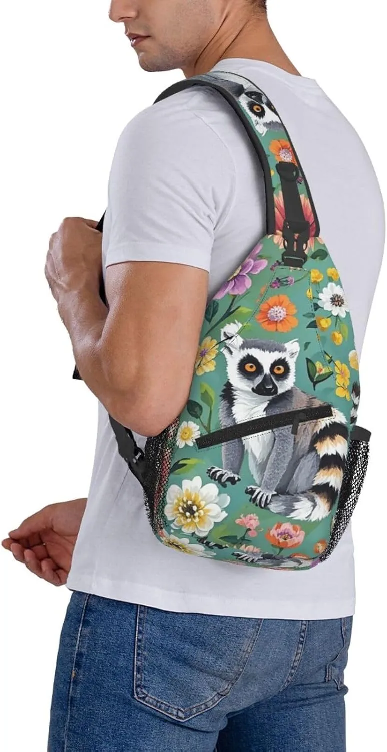 Crossbody Bag for Women Men Animals Lemur Flowers Pattern Chest Bag Crossbody Sling Bag Adjustable Shoulder Bag