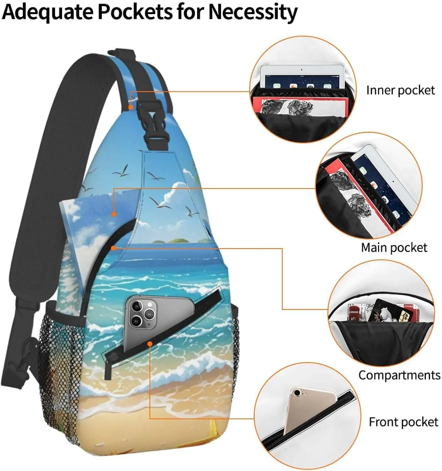 Crossbody Bag for Women Men Beach Picture Chest Bag Crossbody Sling Bag Adjustable Shoulder Bag