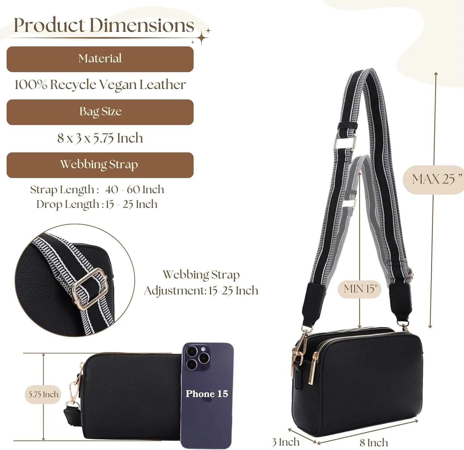 Crossbody Bag for Women Shoulder Bag for Women with Web Strap Camera Bag Handbag for Travel, Work