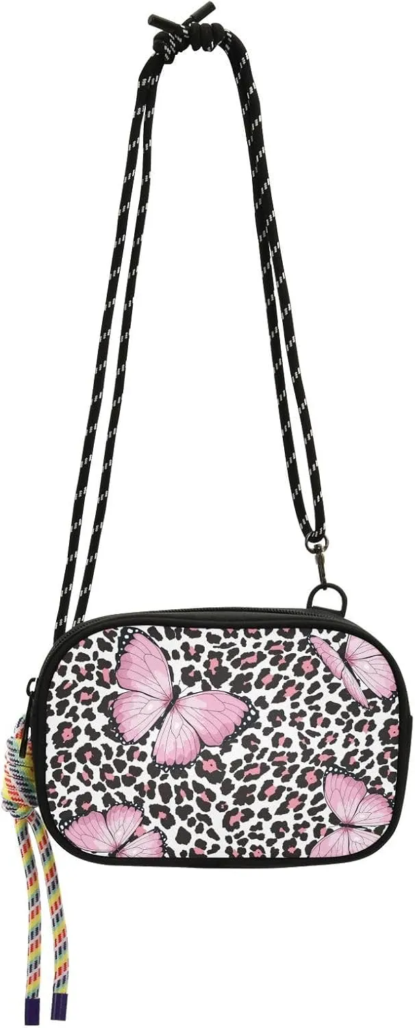Crossbody Bag Pink Butterfly and Leopard Cell Phone Purse Wallet with Credit Card Slots Multicolor Handbag with Adjustable Strap Fits Phone Keys And More