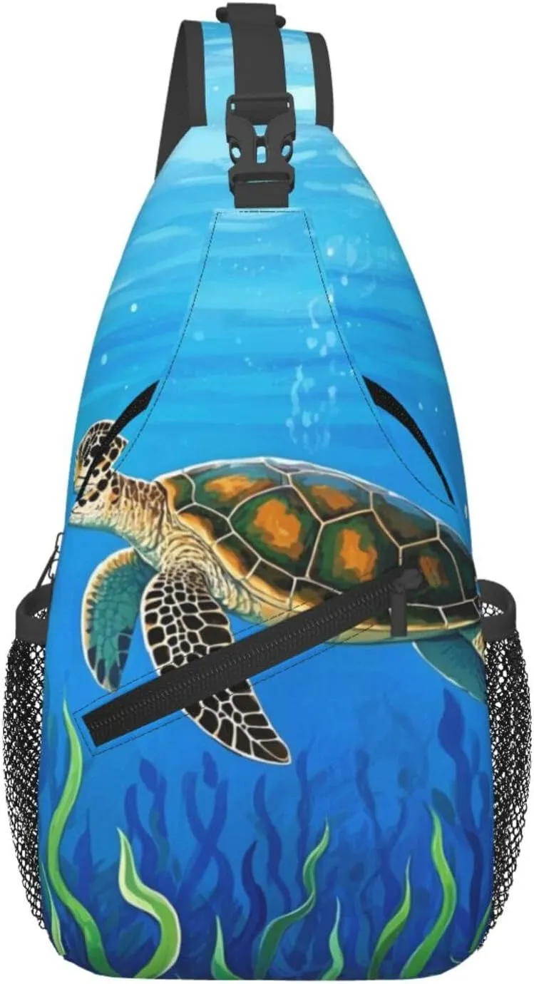 Crossbody Bags for Men Women, Mens Shoulder Sling Bag Backpack Daypack, Casual Chest Bag Fanny Pack Purse with Adjustable Strap for Travel Hiking Shopping, Sea Turtle Seaweed