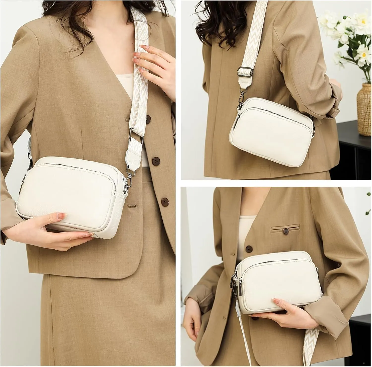 Crossbody Bags for Women, Trendy Leather Crossbody Camera Bag Purse with Guitar Strap Small Shoulder Handbag (Beige)