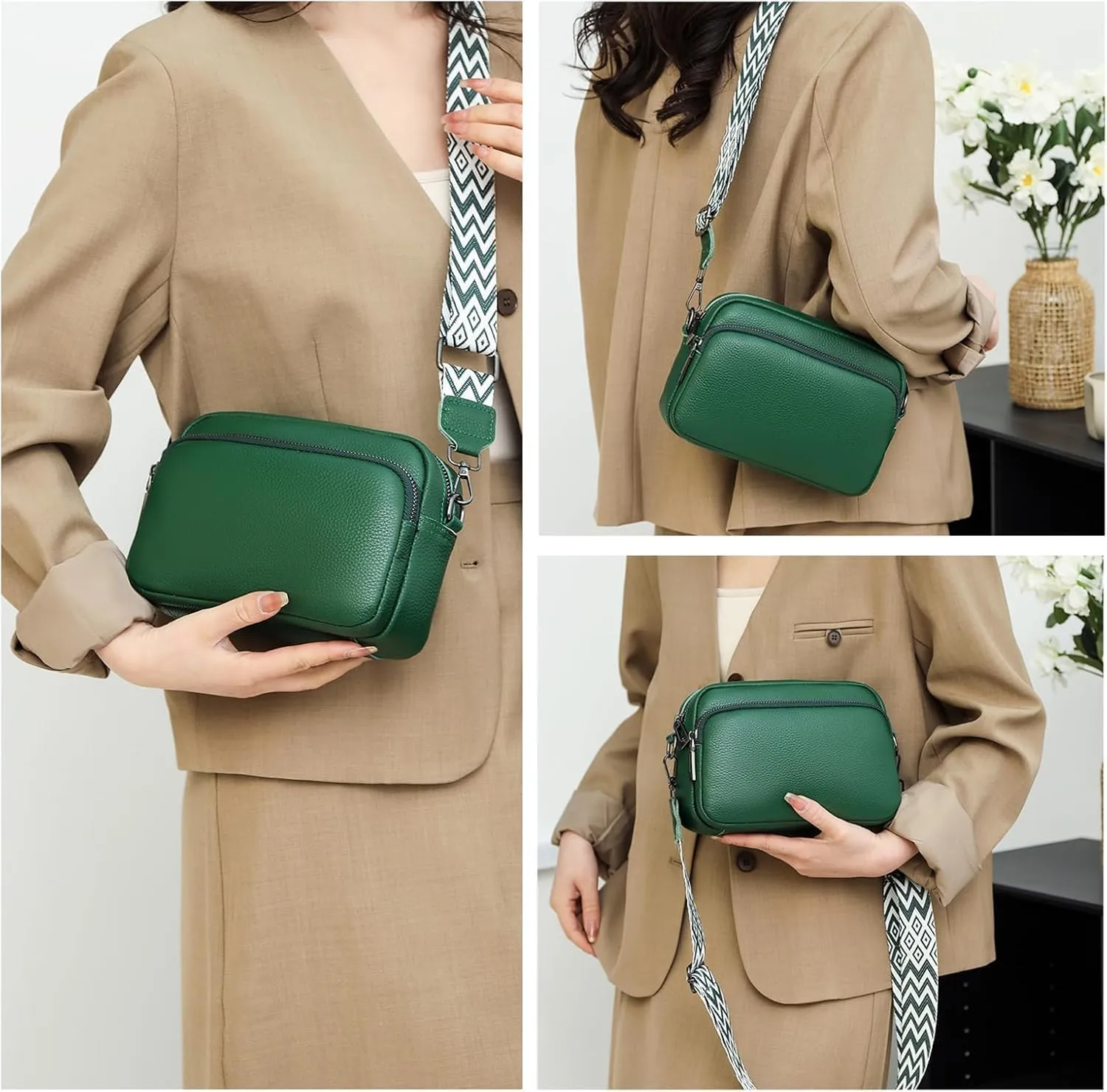 Crossbody Bags for Women, Trendy Leather Crossbody Camera Bag Purse with Guitar Strap Small Shoulder Handbag (Green)