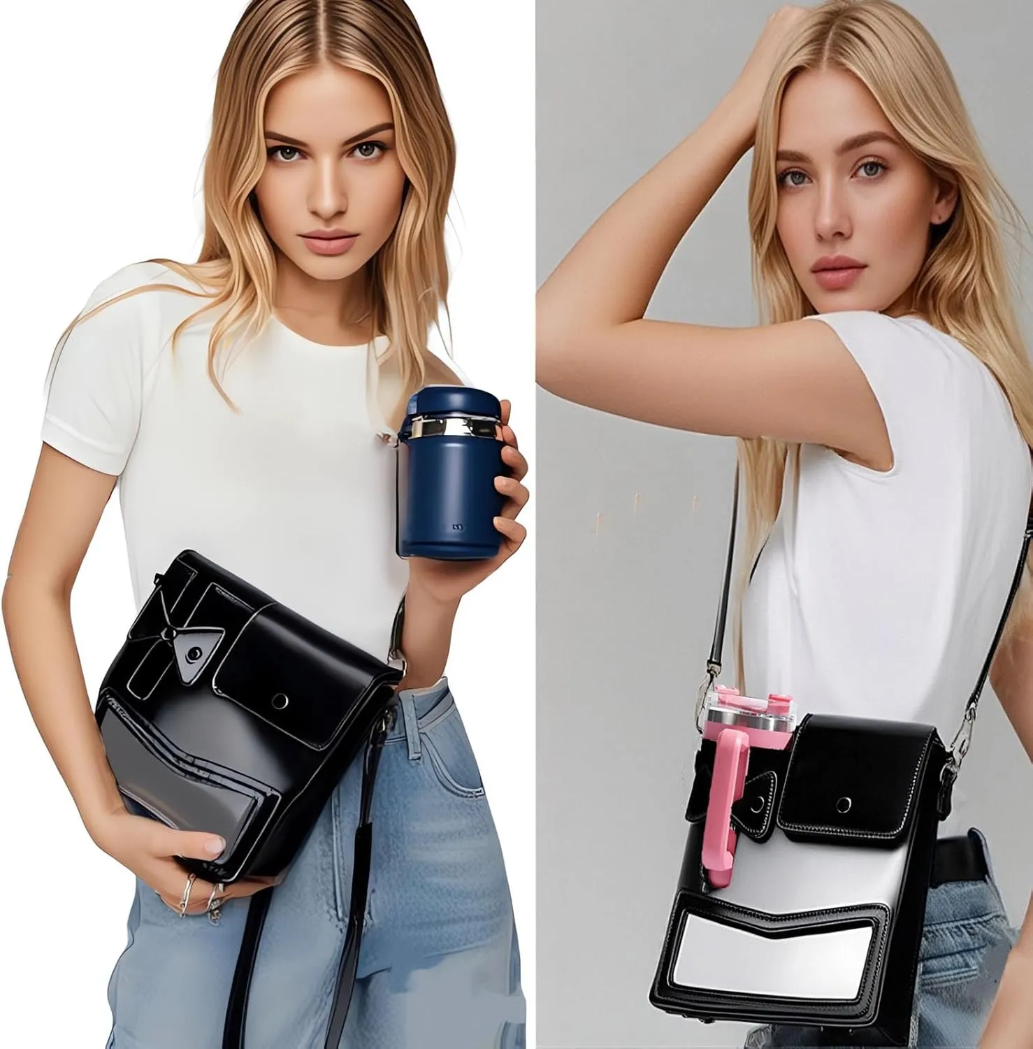 Crossbody Water Bottle Bag with Adjustable Shoulder Strap,Purse with Water Cup Pocket,Bottle Holder Bag Purse for Daily Life (BLACK)