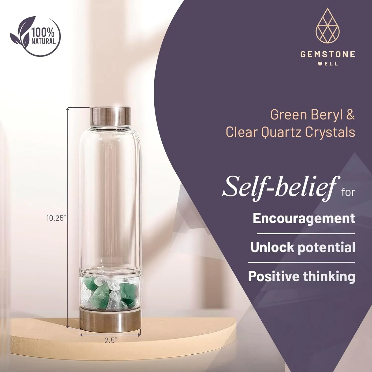 Crystal Water Bottle Elixir Set | Includes Authentic Green Beryl & Clear Quartz Healing Crystals | Black Neoprene Sleeve | Drink Gem Infused Water On The Go