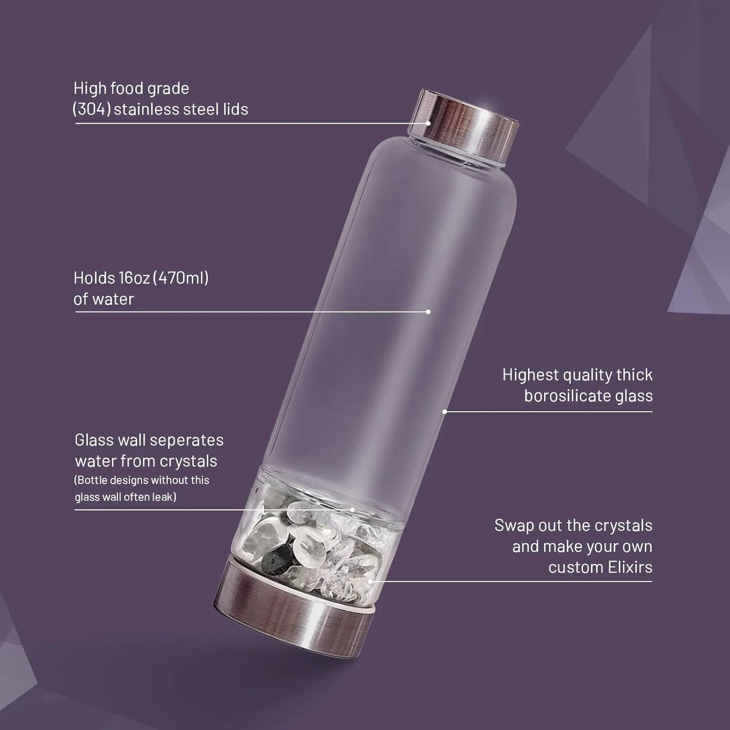 Crystal Water Bottle Elixir Set | Includes Authentic Hematite & Clear Quartz Healing Crystals | Black Neoprene Sleeve | Drink Gem Infused Water On The Go