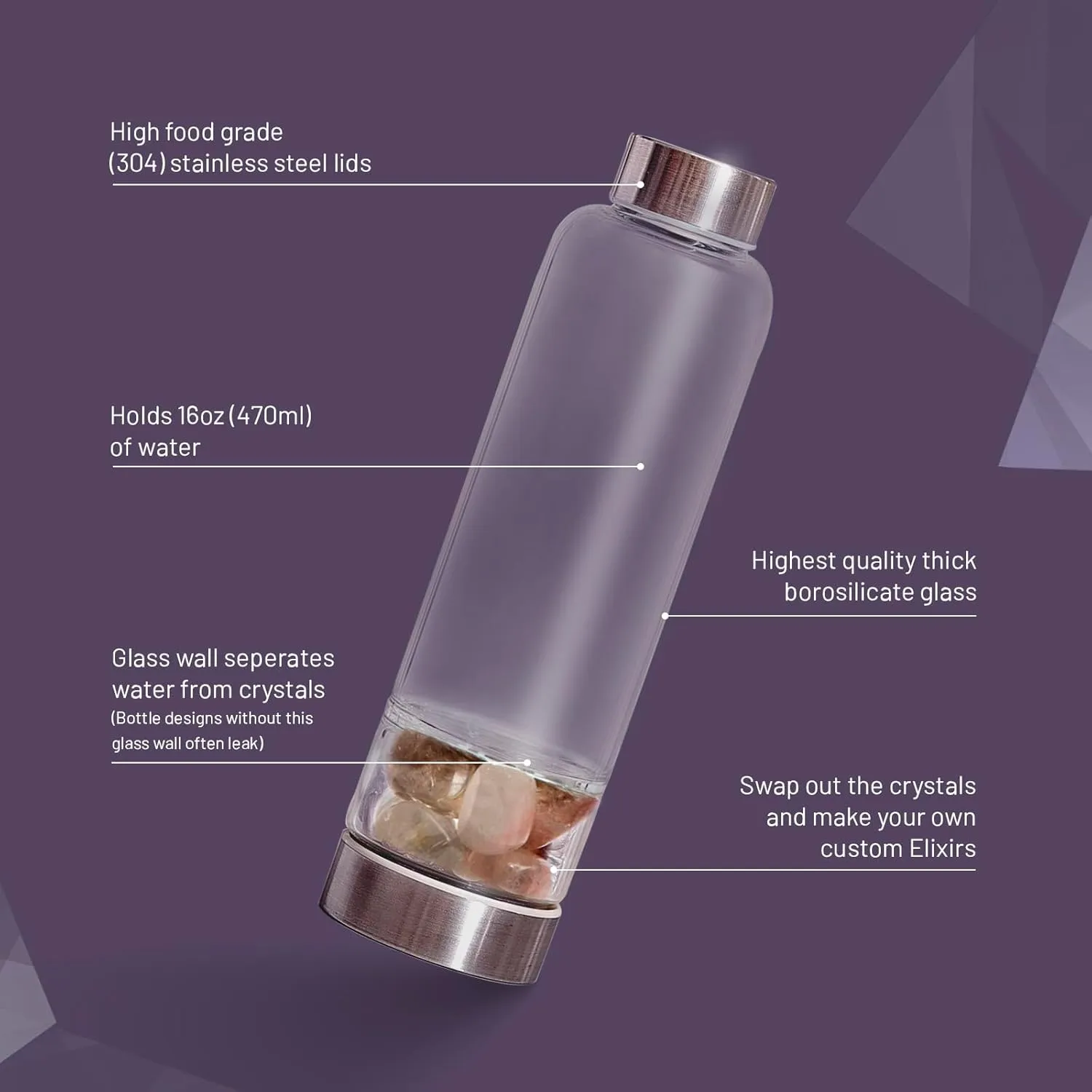 Crystal Water Bottle Elixir Set | Includes Authentic Smoky Quartz & Clear Quartz Healing Crystals | Black Neoprene Sleeve | Drink Gem Infused Water On The Go