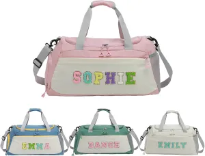 Custom Name Travel Weeknder Bag with Chenille Letters with Wet Dry Pockets&Shoes Compartment - Large Capacity Gym Duffel for Yoga, Dance & Fitness,Personalized Birthday Gift for Women Girls