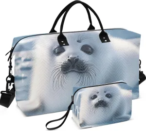 Cute Adorable Seal Polar Animal Duffel Bags for Traveling Make up Bags Set of 2, Decorative Womens Luggage Bags Weekender Bags