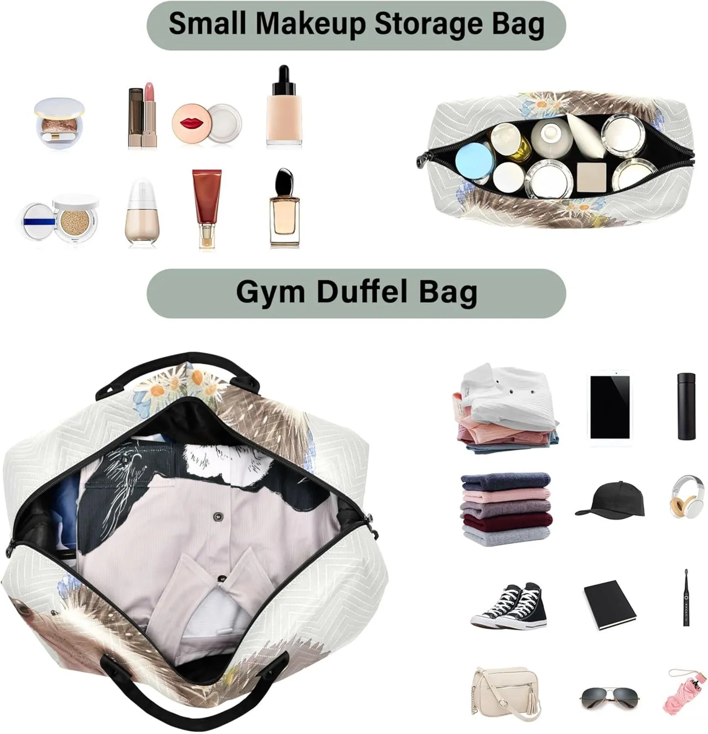 Cute Hedgehog Cute Duffel Bag for Travel Cosmetic Bags Set of 2, Prints Womens Gym Bags Tote Carry on Bags